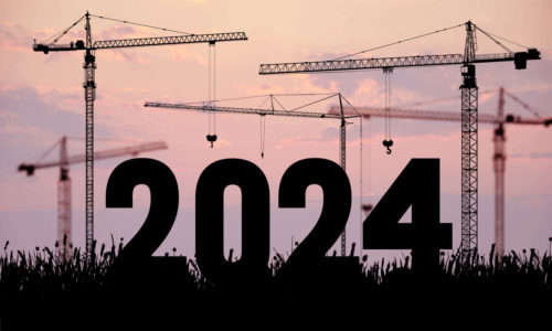 Silhouette of construction to welcome the new year 2024. Large against the backdrop of the sunset sky construction site, many construction cranes set vector numbers 2024. Big numbers for New Year 2024